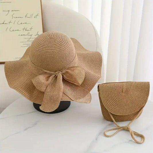 Ensemble été chic – Chapeau &amp; petit sac en paille