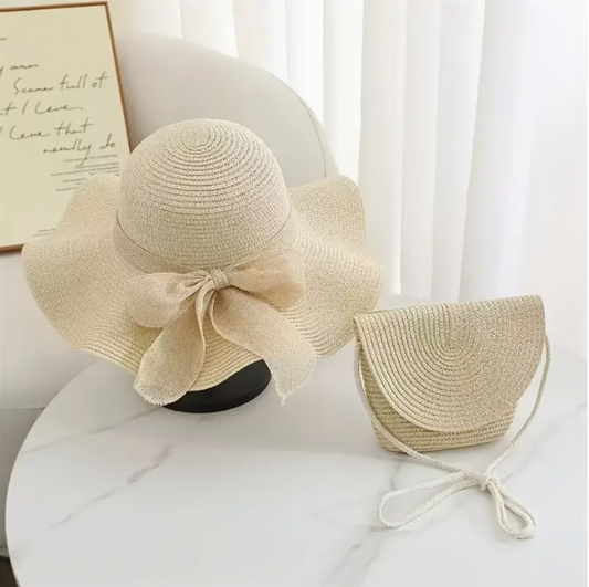 Ensemble été chic – Chapeau &amp; petit sac en paille